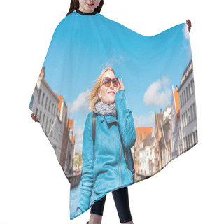 Personality  Woman Tourist Sitting And Enjoying A Center Of Bruges, Belgium Hair Cutting Cape
