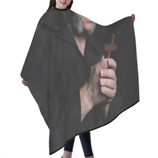 Personality  Partial View Of Senior Monk With Wooden Crucifix Isolated On Black Hair Cutting Cape