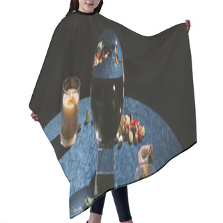 Personality  Crystal Ball, Candle And Fortune Telling Stones On Dark Blue Velour Cloth, Panoramic Shot Hair Cutting Cape