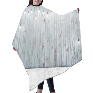 Personality  Blue Wooden Wall With Ligh Bulbs, Background Hair Cutting Cape