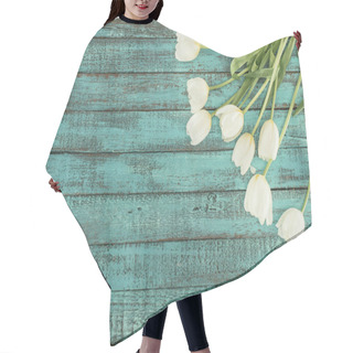 Personality  Tender Blooming Tulips Over Green Wooden Background With Copy Space Hair Cutting Cape