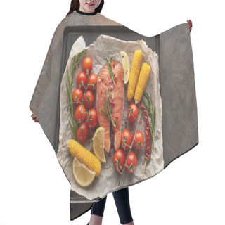 Personality  Top View Of Raw Salmon With Vegetables, Lemon And Rosemary In Oven Tray Hair Cutting Cape