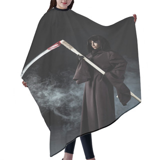 Personality  Full Length View Of Woman In Death Costume Holding Scythe On Black With Smoke Hair Cutting Cape