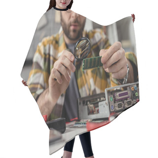 Personality  Cropped Image Of Repairman Using Magnifier While Fixing Ram Hair Cutting Cape