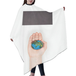 Personality  Cropped Image Of Woman Holding Earth Model Under Blackboard Isolated On White, Earth Day Concept Hair Cutting Cape