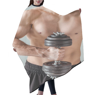Personality  Partial View Of Sexy Muscular Bodybuilder With Bare Torso Exercising With Dumbbell Isolated On Grey Hair Cutting Cape