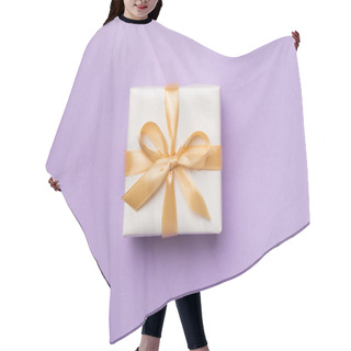 Personality  White Gift Box On Color Background, Top View. Hair Cutting Cape
