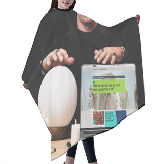 Personality  Cropped View Of Psychic Near Laptop With Bbc Website On Screen Isolated On Black  Hair Cutting Cape