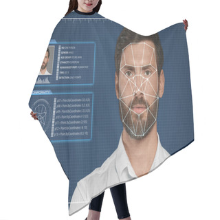 Personality  Facial Recognition System. Man With Personal Data And Digital Biometric Grid On Blue Background Hair Cutting Cape