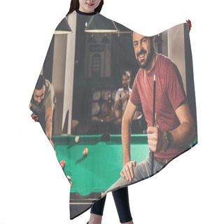 Personality  Young Handsome Caucasian Man Beside Billiard Table In Bar With Friends Hair Cutting Cape