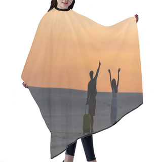 Personality  Back View Of Couple Walking On Beach With Hands In Air And Travel Bag At Sunset Hair Cutting Cape