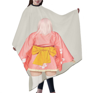 Personality  Back View Of Woman In Blonde Wig And Short Pink Kimono With Yellow Bow Standing On Grey, Anime Style Hair Cutting Cape