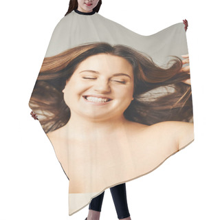 Personality  Portrait Of Radiant Woman With Plus Size Body And Closed Eyes Touching Hair And Posing With Bare Shoulders Isolated On Grey Background In Studio, Body Positive, Self-love  Hair Cutting Cape