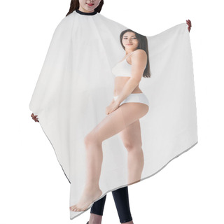 Personality  Attractive Mixed Race Woman In White Lingerie Posing Isolated On Gray Background  Hair Cutting Cape