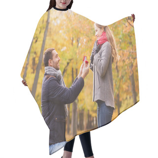 Personality  Smiling Couple With Engagement Ring In Gift Box Hair Cutting Cape