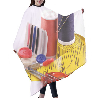 Personality  Some Sewing Tools Such As Threads, Needles, Buttons, And Scissors Hair Cutting Cape