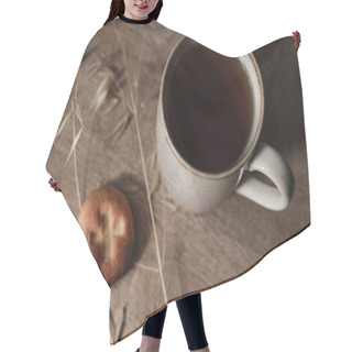 Personality  Cup Of Tea And Cookie In Brown Sandy Colors,natural Wood Rustic Background, Organic Decoration Of Dry Plant, Mu Lifestyle Concept Hair Cutting Cape