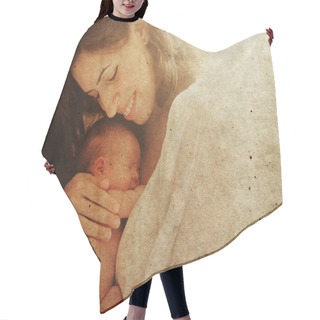 Personality  Mother With Her Baby.Photo In Old Image Style. Hair Cutting Cape