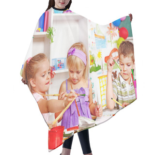 Personality  Child Painting At Easel. Hair Cutting Cape