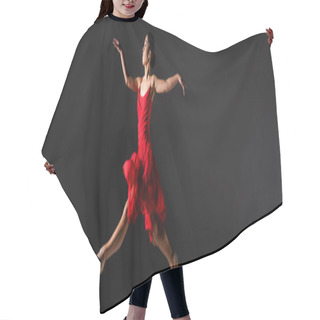 Personality  Side View Of Ballerina In Pointe Shoes And Red Dress Jumping Isolated On Black, Banner  Hair Cutting Cape