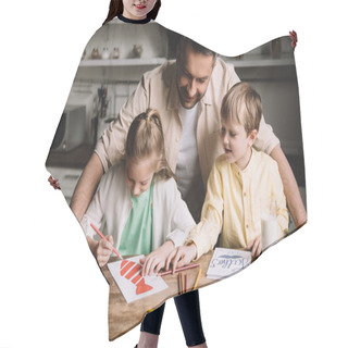 Personality  Happy Daddy Standing Near Adorable Kids Drawing Fathers Day Greeting Cards While Sitting At Kitchen Table With Served Breakfast Hair Cutting Cape
