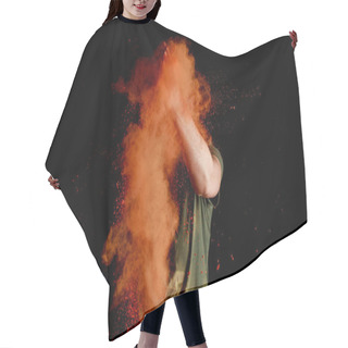 Personality  Woman With Orange Colorful Holi Paint Explosion In Front Of Face On Black Background Hair Cutting Cape