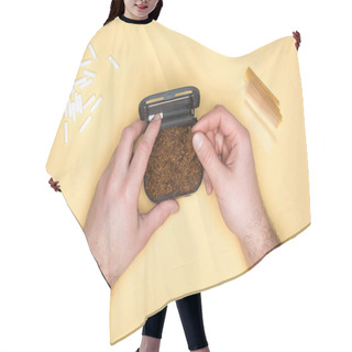 Personality  Cropped View Of Man Holding Tobacco Box Isolated On Yellow Hair Cutting Cape