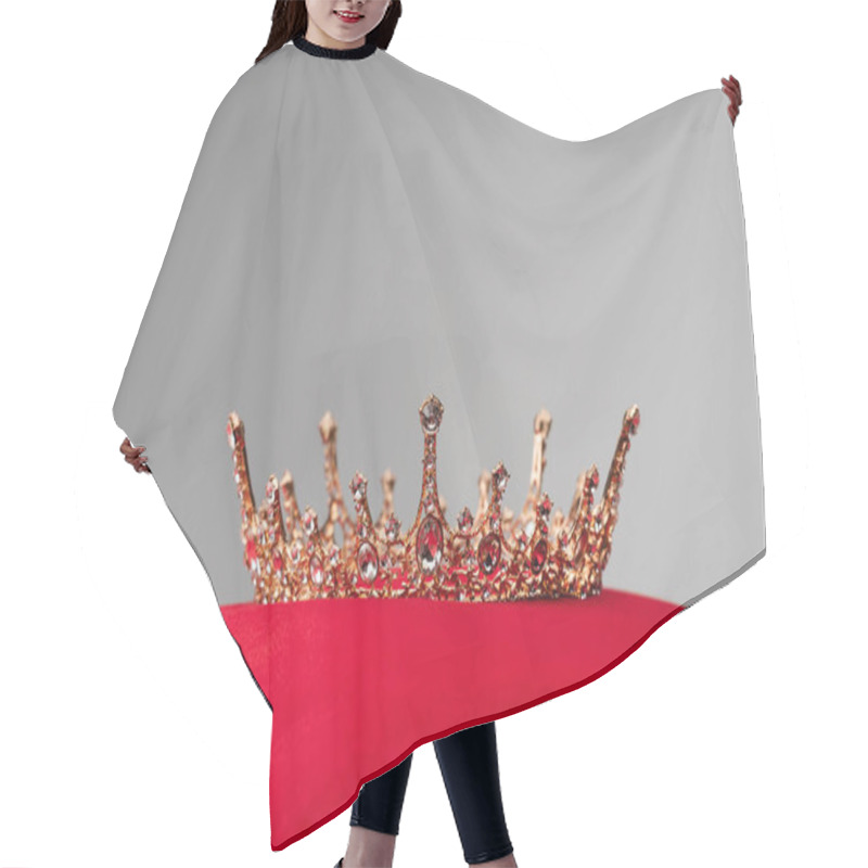 Personality  Royal Crown On Red Velvet Cushion Isolated On Grey Hair Cutting Cape