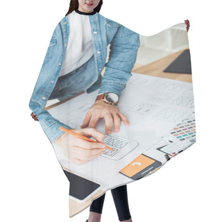 Personality  Cropped View Of Ux Developer Sketching Mobile Interface Near Smartphone On Table  Hair Cutting Cape