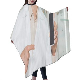 Personality  Cropped View Of Pharmacist In White Coat Pointing At Smartphone With Blank Screen, Panoramic Shot Hair Cutting Cape
