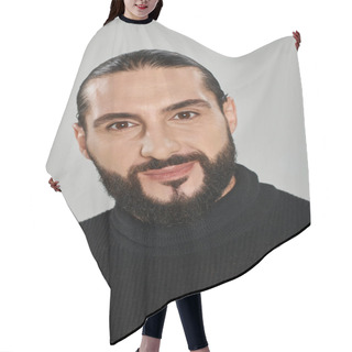 Personality  Portrait Of Happy Good Looking Arabic Man With Beard Posing In Turtleneck On Grey Backdrop Hair Cutting Cape