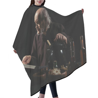 Personality  Medieval Wizard Reading Magic Cookbook Near Pot And Ingredients Isolated On Black Hair Cutting Cape