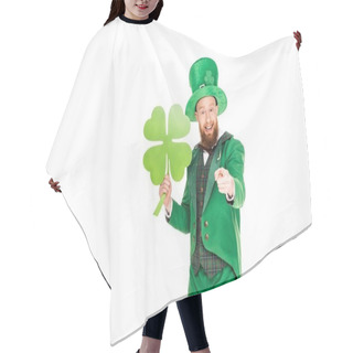Personality  Leprechaun In Green Suit Pointing And Holding Clover, Isolated On White Hair Cutting Cape
