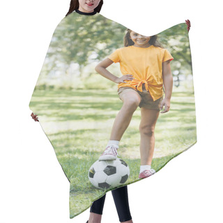 Personality  Cute Happy Child Standing With Soccer Ball And Smiling At Camera In Park Hair Cutting Cape