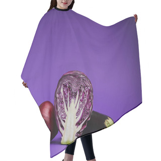 Personality  Close-up View Of Sliced Cabbage, Onion And Eggplant On Purple Background Hair Cutting Cape