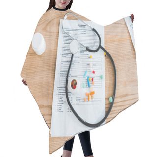 Personality  Top View Of Stethoscope Near Document And Bottles With Pills  Hair Cutting Cape