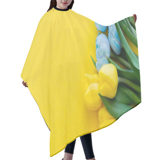 Personality  Top View Of Blue And Yellow Tulips On Background With Copy Space, Banner  Hair Cutting Cape