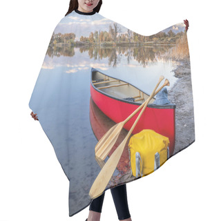 Personality  Red Tandem Canoe With A Wooden Paddles And A Dry Bag On A Lake Shore, Fall Scenery In Colorado Hair Cutting Cape