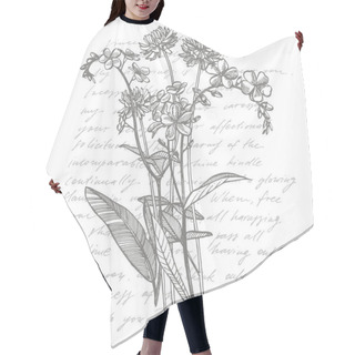 Personality  Branch Of Wild Plant Forget-me-not And Clover. Vintage Engraved Illustration. Bouquet Of Hand Drawn Flowers And Herbs. Botanical Plant Illustration. Handwritten Abstract Text Hair Cutting Cape
