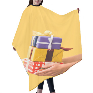 Personality  Cropped View Of Girl Holding Presents In Hands Isolated On Yellow Hair Cutting Cape