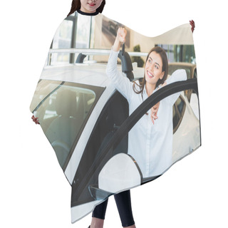 Personality  Selective Focus Of Positive Young Woman Holding Car Key   Hair Cutting Cape