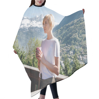 Personality  Young Woman Holding Cup And Looking Away While Standing On Balcony With Beautiful Mountains Behind, Mont Blanc, Alps Hair Cutting Cape