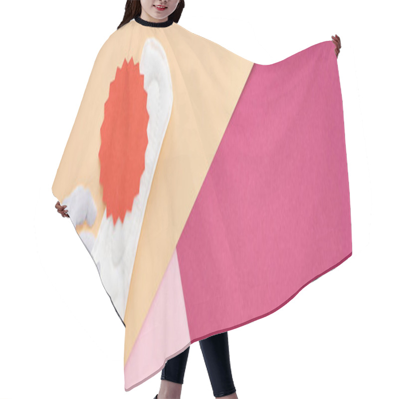 Personality  Panoramic Shot Of White Hand With Sanitary Towel And Red Card On Pink, Purple And Beige Background Hair Cutting Cape