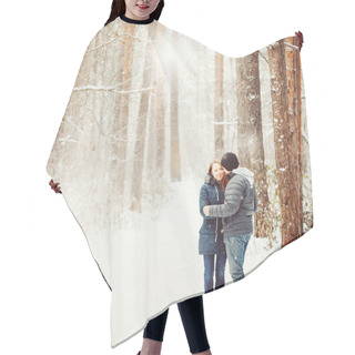 Personality  Young Couple Embracing In Winter Forest Hair Cutting Cape