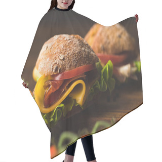 Personality  Close Up View Of Sandwiches On Wooden Board On Table Hair Cutting Cape