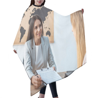Personality  Smiling Travel Agent Showing Signature Place In Contract To Client Hair Cutting Cape