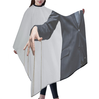 Personality  Partial View Of Puppeteer In Suit With Strings On Fingers Isolated On Grey Hair Cutting Cape