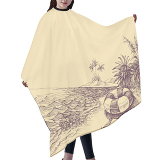 Personality  Beach And Sea Drawing. Beach Towel And Life Buoy In The Sand Hair Cutting Cape
