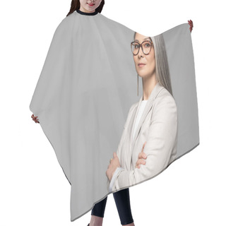 Personality  Attractive Asian Businesswoman In Eyeglasses With Crossed Arms Isolated On Grey Hair Cutting Cape