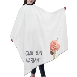 Personality  Card With Omicron Variant Lettering Near Brain Model With Syringe On Grey Background Hair Cutting Cape